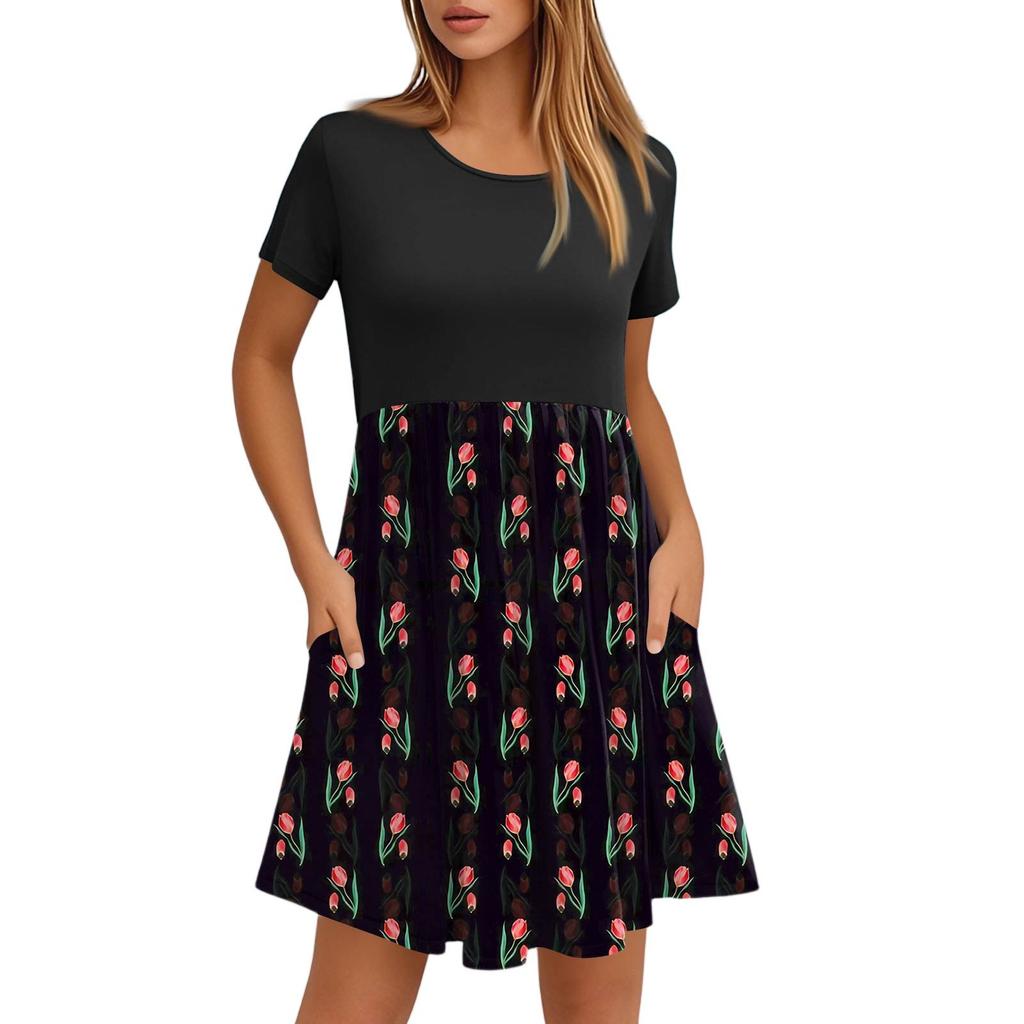 Women's Fashion Casual Loose Round Neck Short Sleeve Printed Pocket Dresses