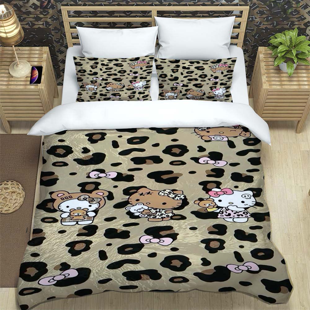 3D Printed Cartoon Leopard Print Hello Kitty Duvet Cover and Pillowcase Set - Home Decor, Creative Plus Size Bedding Set, 01