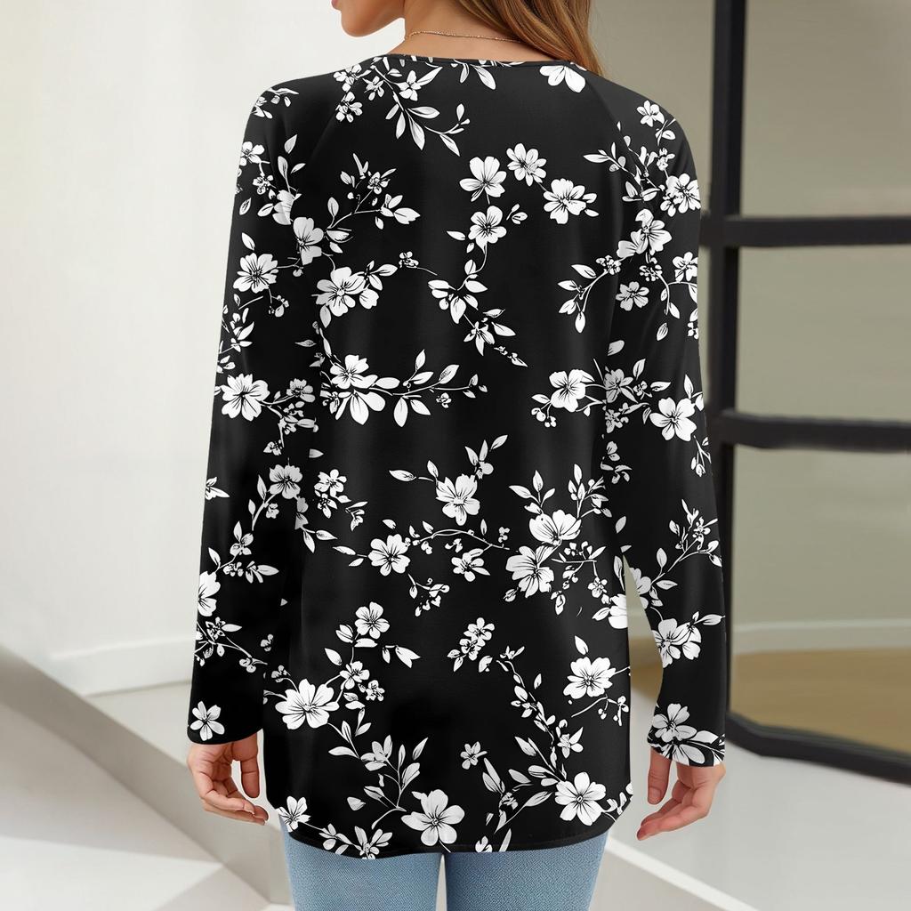 Women's Fashion Casual Long Sleeve Print Round Neck Pullover Top Blouse