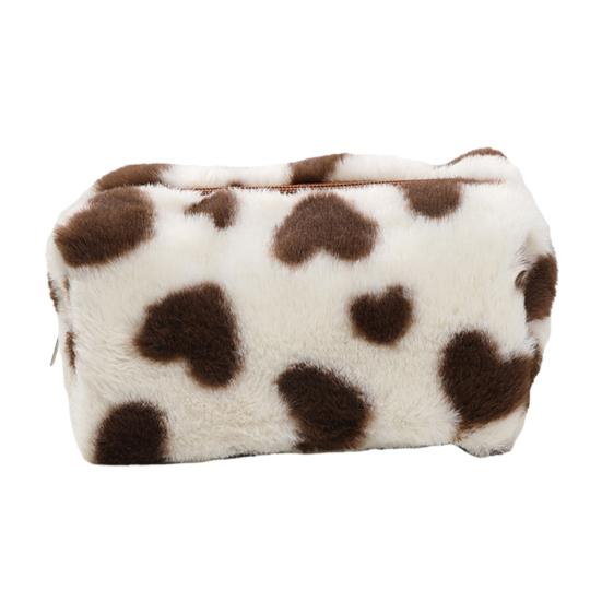Fuzzy Makeup Bag Fluffy Plush Zipper Cosmetic Pouch with Heart Pattern Cute Pencil Case Travel Toiletry