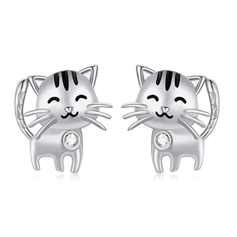 Creative Cat-shape Women Stud Earrings Silver Color White CZ Delicate Animal Pet Earrings Friends Gift Statement Jewelry
