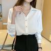 Women's V-neck Professional White Shirt - Long Sleeve, Spring/Autumn Wear.