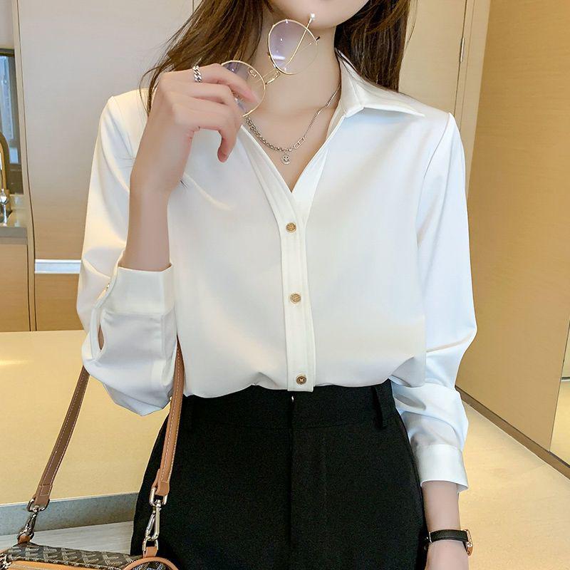 Women's V-neck Professional White Shirt - Long Sleeve, Spring/Autumn Wear.