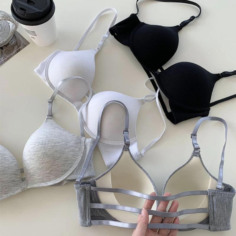 Reggiseno Estivo da Donna Sottile Imbottito Coppa A Push Up Bralette Design con Bottone Frontale Per Studentesse Lingerie Tre Spalline Schiena Vuota