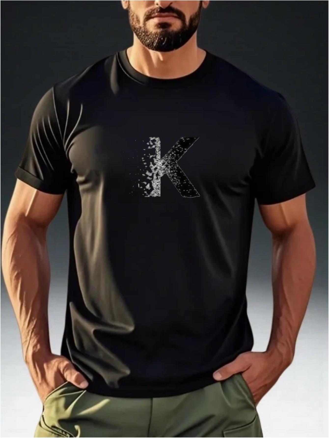 

Men s Soft Summer Casual T-Shirt with K-Themed Letter Print - Round Neck Short Sleeve Relaxed Fit Top L