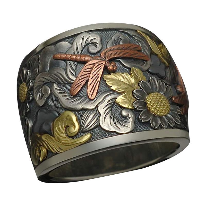 Ofertas Fashion Hot Sale Trendy Metal Zinc Alloy Cute Little Dragonfly Flying Around The Flower Sea Wide Face Animal Plant Ring 6