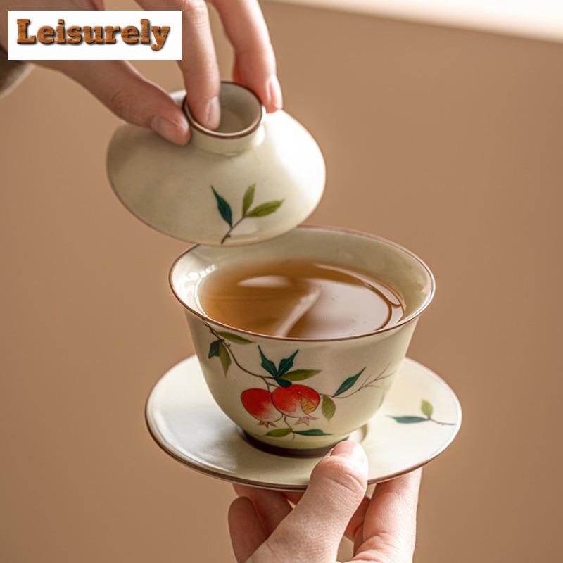 120ml krém Ru Kiln respektní Gaiwan vintage ručně malovaná granátová čajová mísa na čaj, víko na čaj, miska na čajový obřad, kolekce