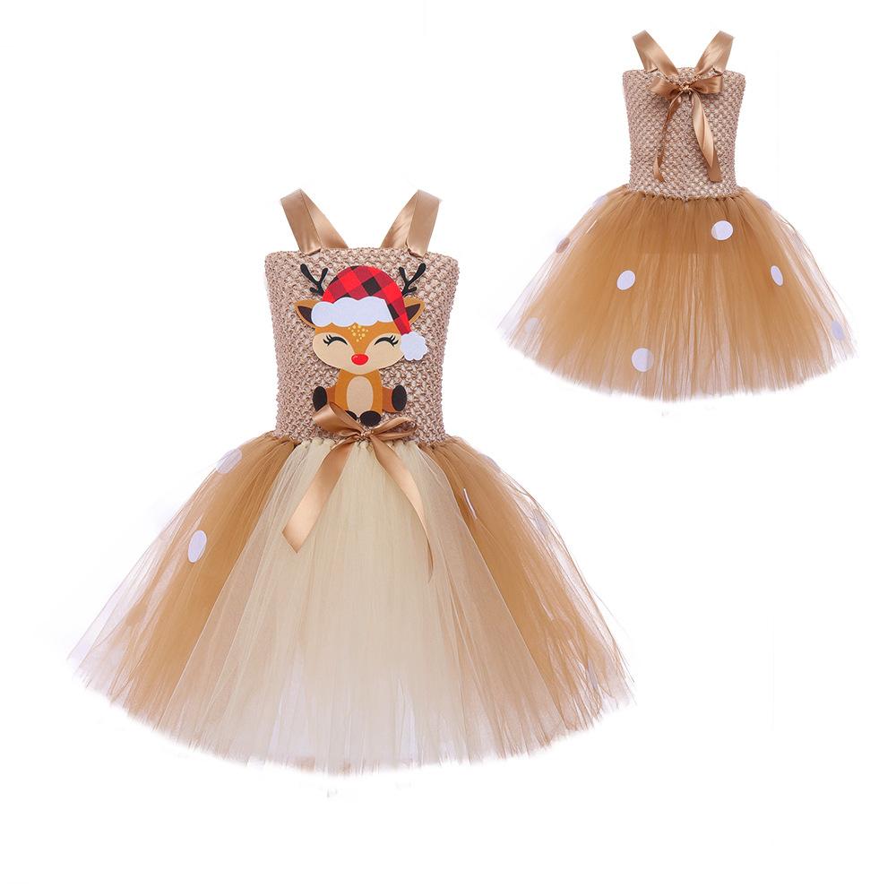 Christmas children's clothing cartoon deer mesh dress Christmas cute elk girl princess dress