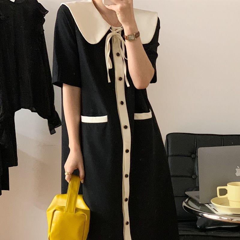 French Style Peter Pan Collar Dresses Women's Fashion Drawstring Summer Single-breasted A-Line Basic Pockets Long Dress