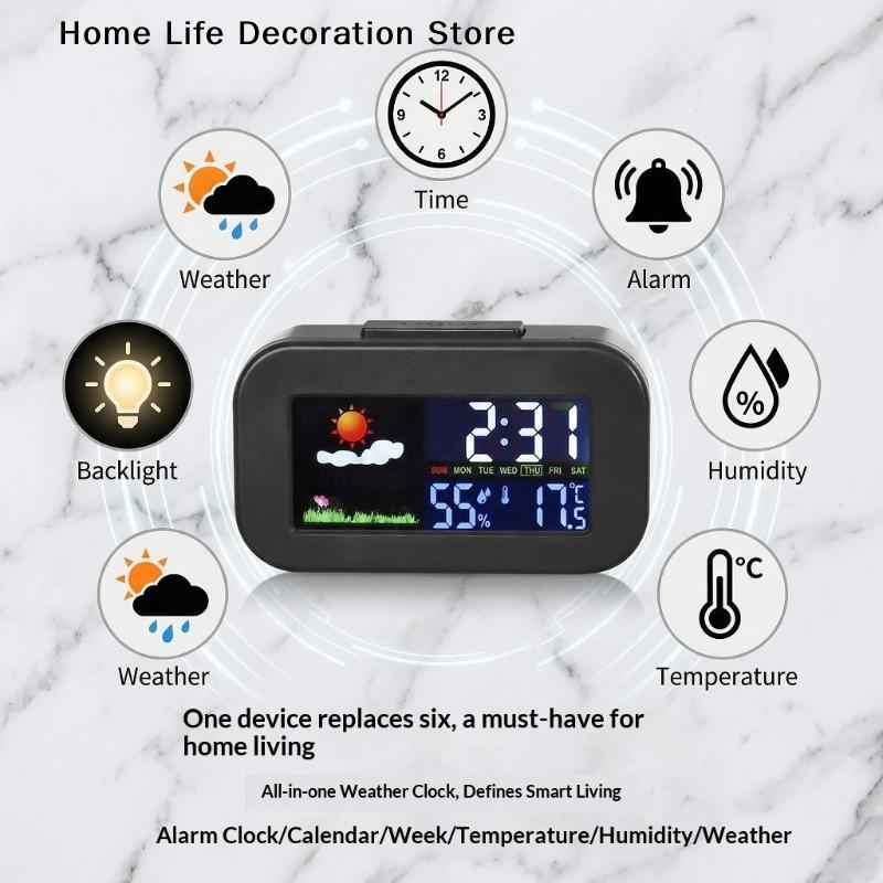 Multifunktionale Wetterstation Uhr mit Farbdisplay - Temperatur- und Luftfeuchtigkeitsmonitor, beleuchtet für Kinder- und Jugendzimmer & Schreibtisch im Wohnheim