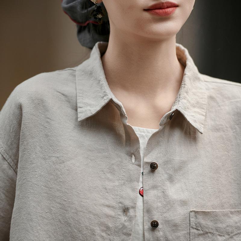Johnature Women Vintage Shirts Tops Spring Solid Color Chinese Style Button Turn-down Collar Long Sleeve Shirts