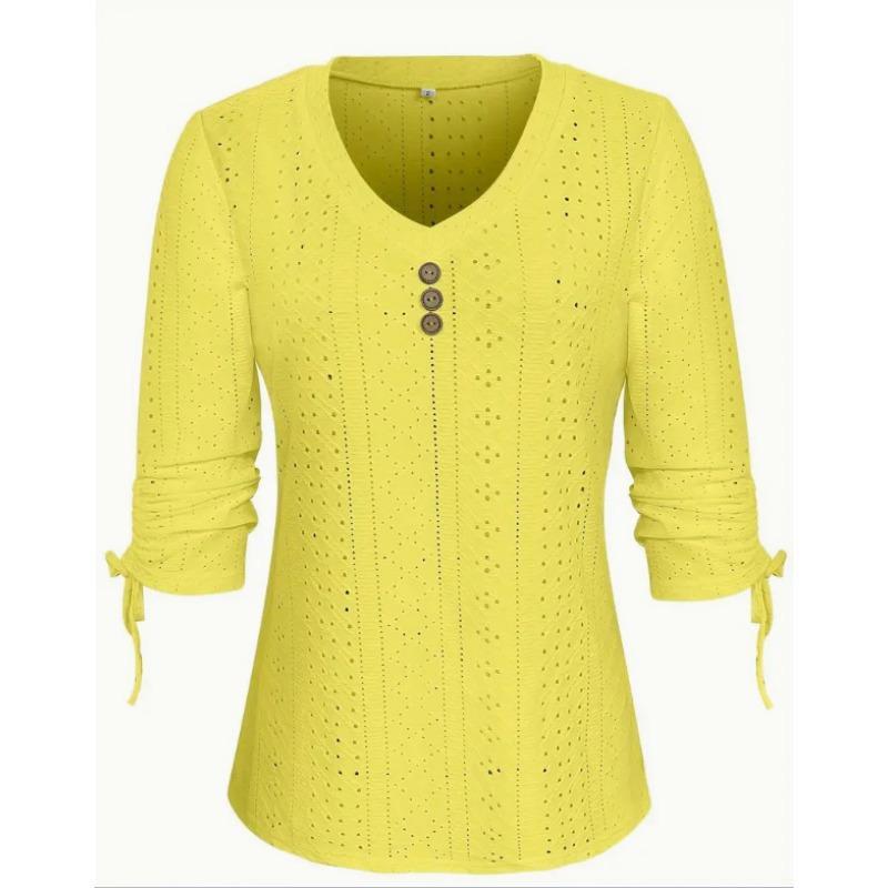 Spring and Summer New Solid Color Jacquard Button Long-sleeved Straps Hollow Loose T-shirt Top