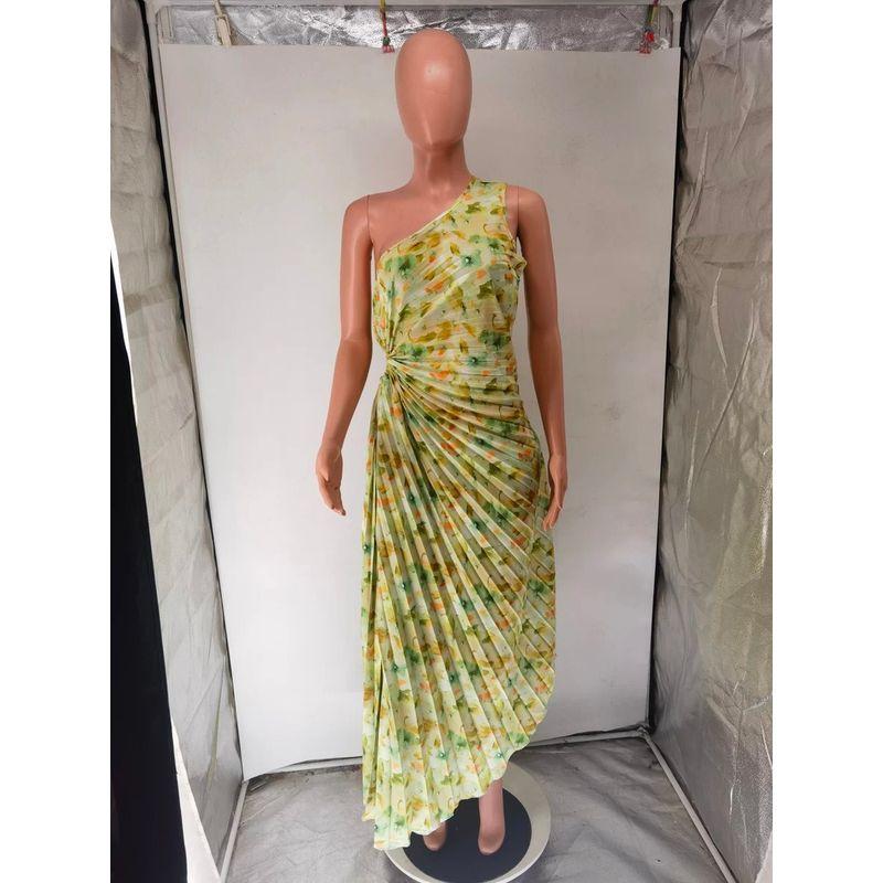 

European and American Fashion Classics Women s Clothing Elegant One Shoulder Cut Out Crumpled Long Dress Yellow Vacation Beach Dress Print XL