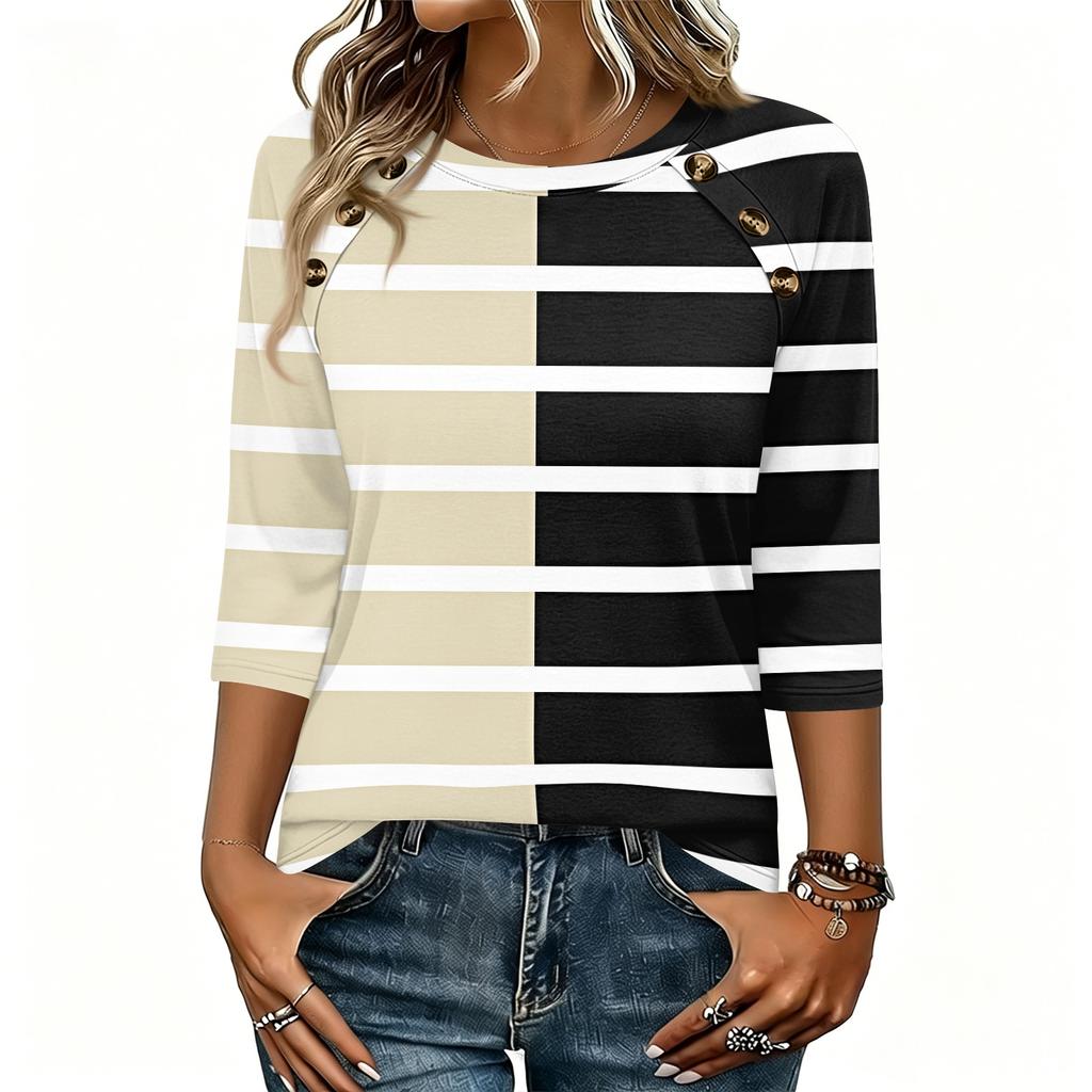 Women 34 Sleeve Crew Neck Button T Shirt Casual Striped Print Loose Fit Pullover Top for Daily Wear Office School Travel