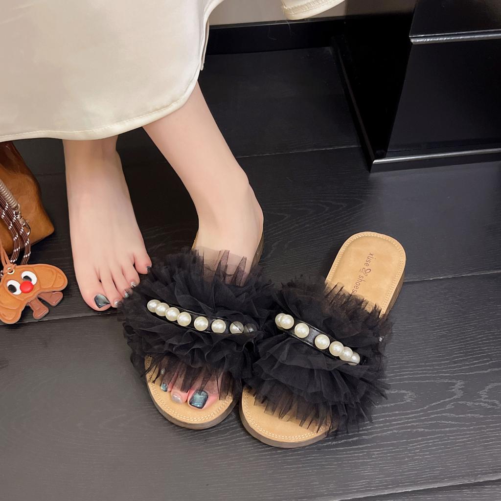 2025 Summer New Fairy Style Pearl Slippers Women Wear Flat Bottom Thin Bottom One Word Drag Beach Sandals with Skirt
