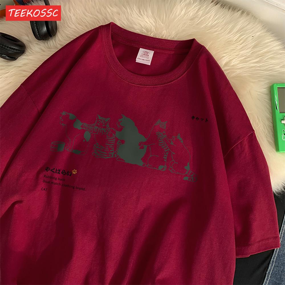 Summer Cotton WomenS TShirts Japanese Vintage Cats Printing Short Sleeve ONeck Breathable Loose Tops Casual Female Clothes