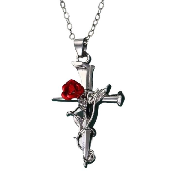 Versatile Crucifix Pendant Chain Rose Detailing Adjustable Necklace for Everyday Outfits Religious Accessory Jewelry