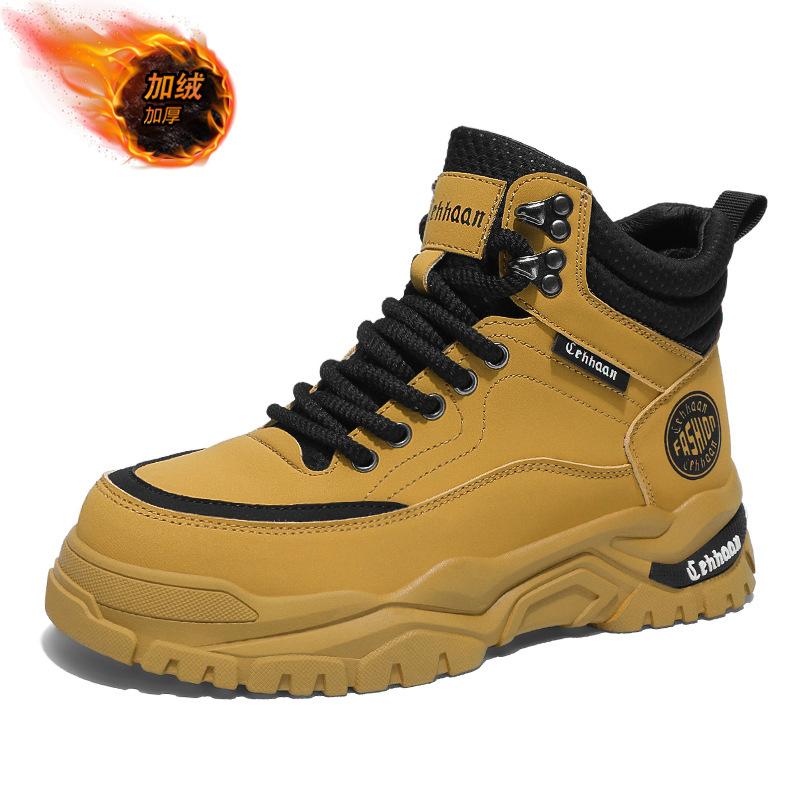 Martin Boots Men's Autumn and Winter Velvet Thickened High-top Hiking Shoes British Wind Mid-help Tooling Boots Desert Rhubarb Boots