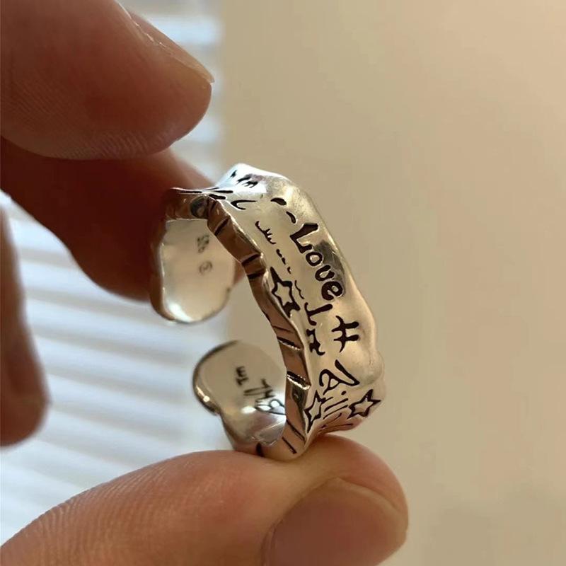 Retro Love Star Graffiti Ring Silver Color Punk Gothic Open Ring For Women Men Handmade Unisex Designer Accessories Gift