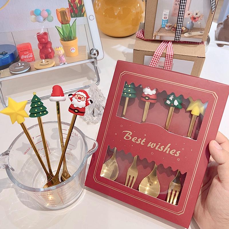 Cartoon Christmas Tree Stainless Steel Dessert Cutlery Set: Cute Fruit Fork & Spoon Gift