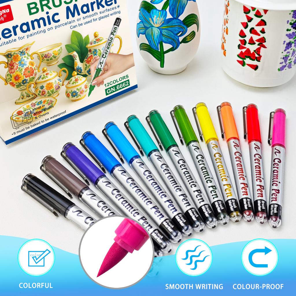 Permanent Marke Ceramics Pens 12 Colors Porcelain Paint Brush Pen for Both Glazed and Unglazed Christmas Decoration Wine Markers