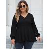 Women's Plus Size Tops Spring Autumn Doll Shirt V-Neck Ribbed Fleece Lantern Sleeve T-Shirt Base Shirt