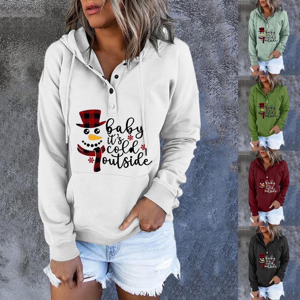 Women  Winter Casual Christmas Fashion Print Hooded Button Sweatshirt