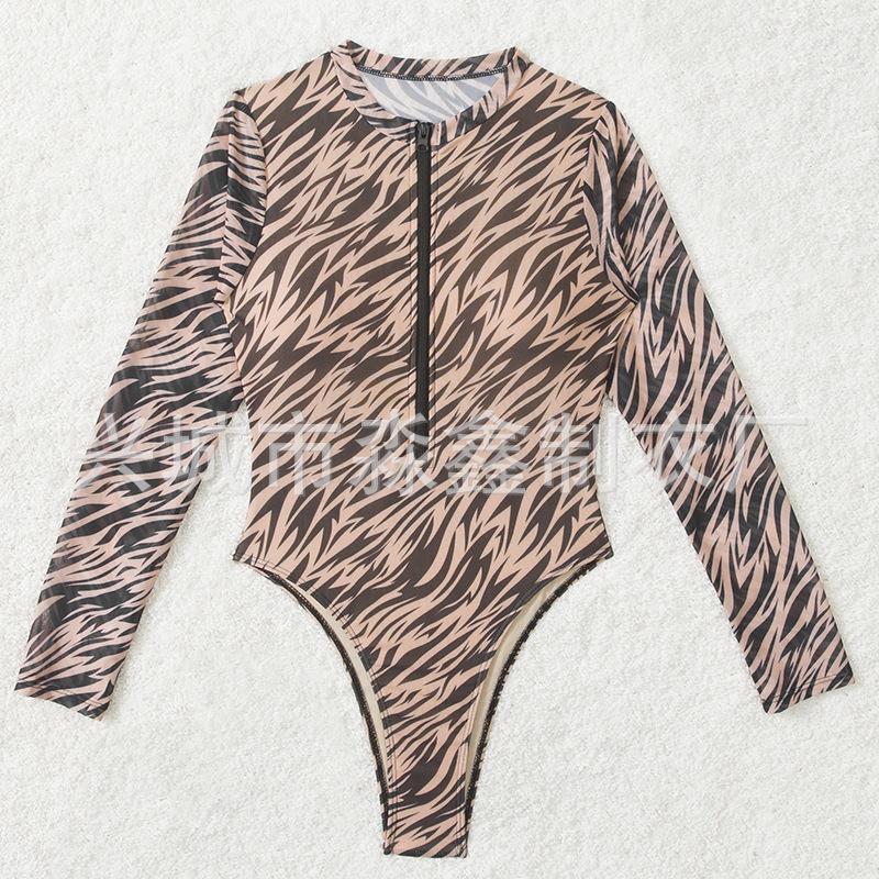 Women's Printed Mesh Zipper Long Sleeve One-Piece Swimsuit