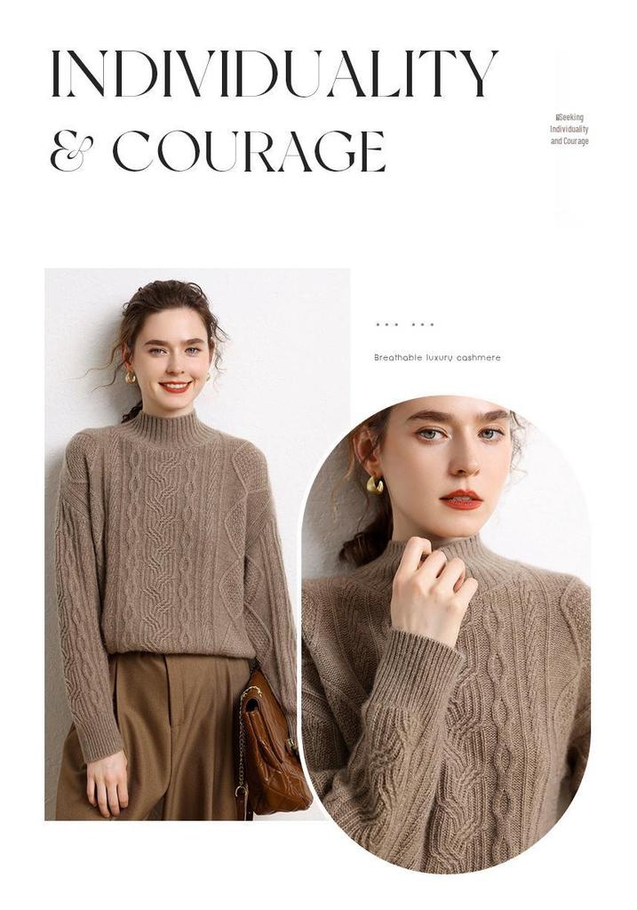 Three-Ply Solid Color Women's Cashmere Knit Base Layer - Full Body Cable Knit, Half-High Neck, Loose, Slimming Inner Wear