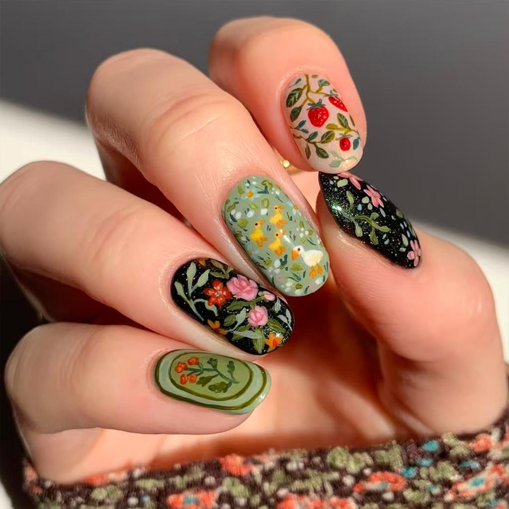 24Pcs Almond Shaped Floral Painted Press On Nails Full Coverage Removable False Nail Tips For Women Daily Wear