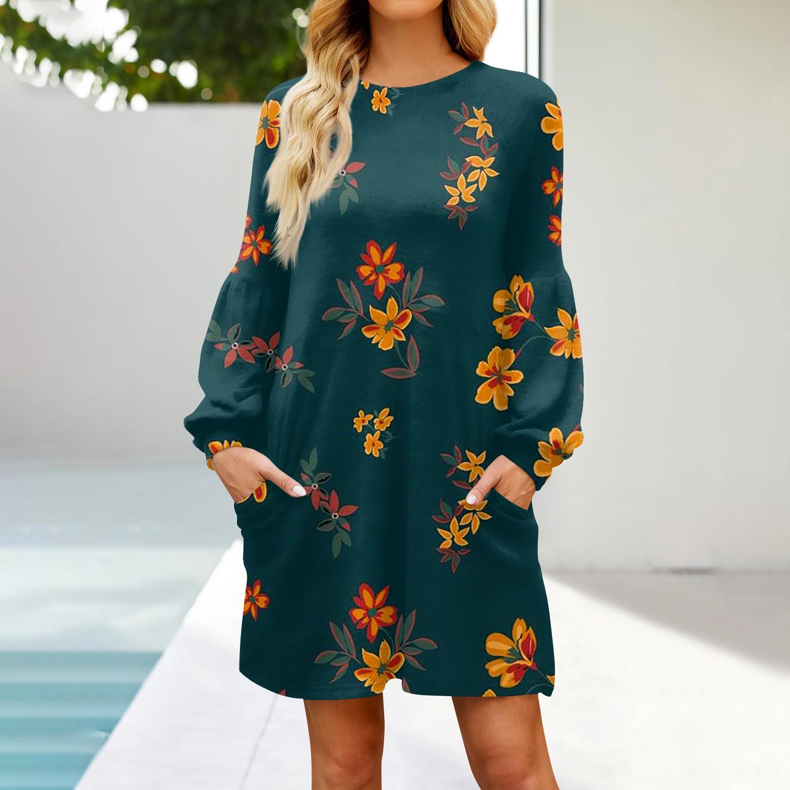 

Модное женское платье трапециевидной формы с длинным рукавом. Осенний повседневный пуловер с круглым вырезом. Свободное платье с карманами. XXL