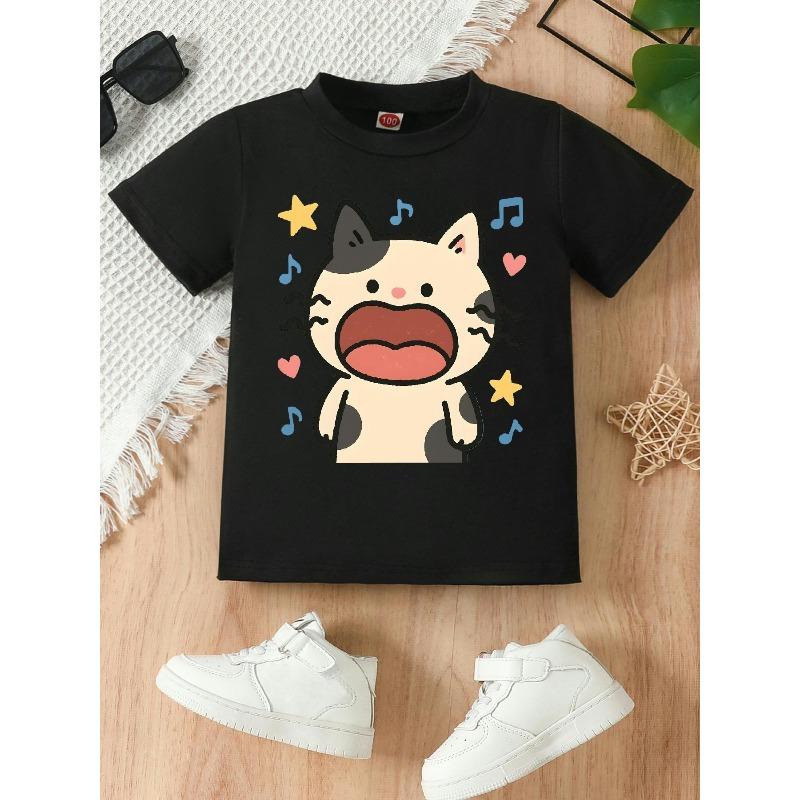 

European sizes Adorable And Playful Kitten Graphic Tee with a Round Neckline for Girls, Fashionable And Cozy, Ideal for Outdoor Activities 98cm чёрный