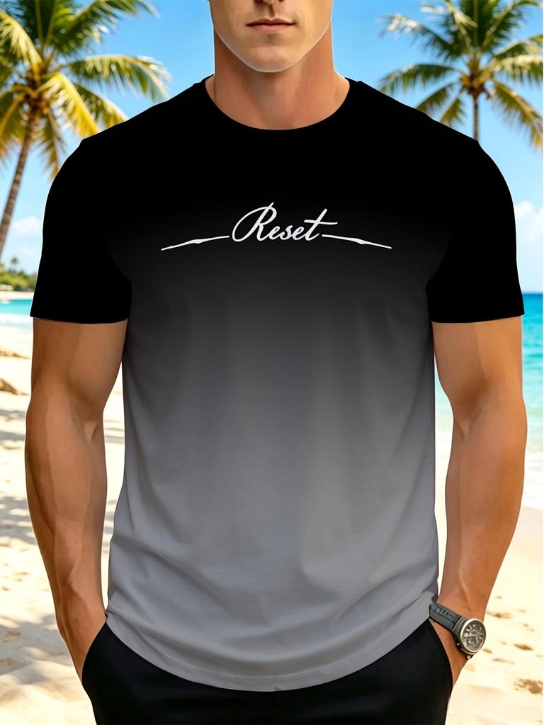 Men'S Digital Print T-Shirt, Men'S Reset Letter T-Shirt, Summer Casual Black Gray Short Sleeve Top, Men'S Clothing, Comfortable Soft Breathable,