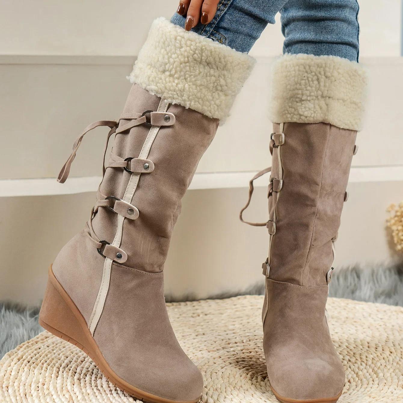 

Женские снегоступы Модные ботинки на танкетке Платформа Качественная замша Повседневные ботинки Зимние Плюшевые Теплые Хлопковые Ботинки Модный Дизайн Ботинки 35