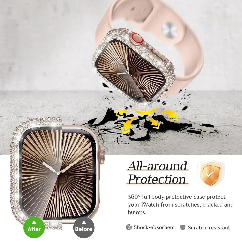Bling Glass+Cover Case Diamond PC Bumper+Screen Protector For Apple Watch 45mm 44mm 40 41mm Iwatch Series 10 46mm 42mm 9 8 7 5 6