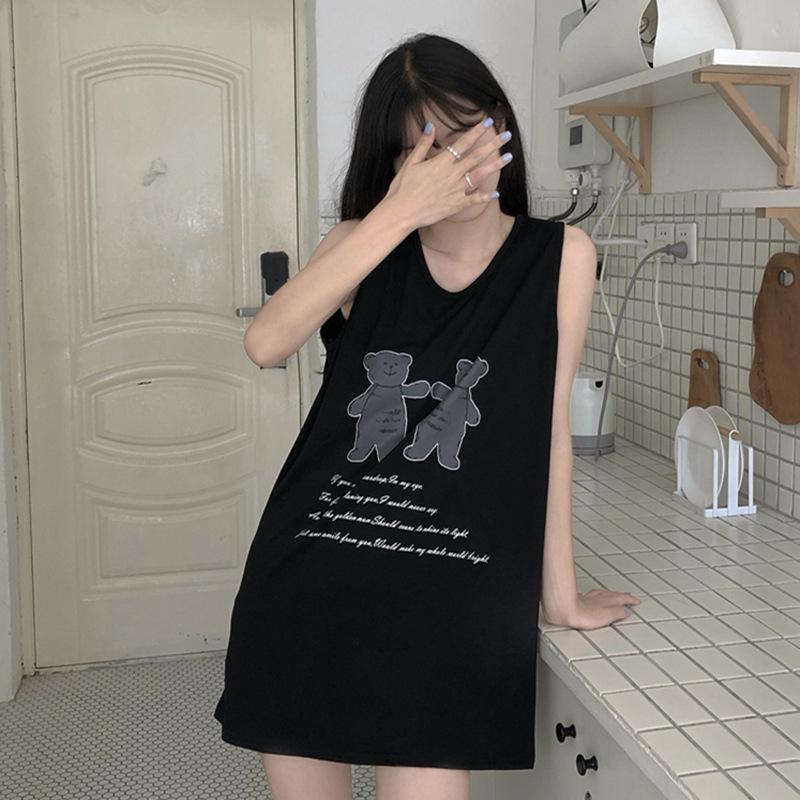 Summer sleeveless crew neck sexy medium and long vest girl bear print t-shirt suspender dress student top