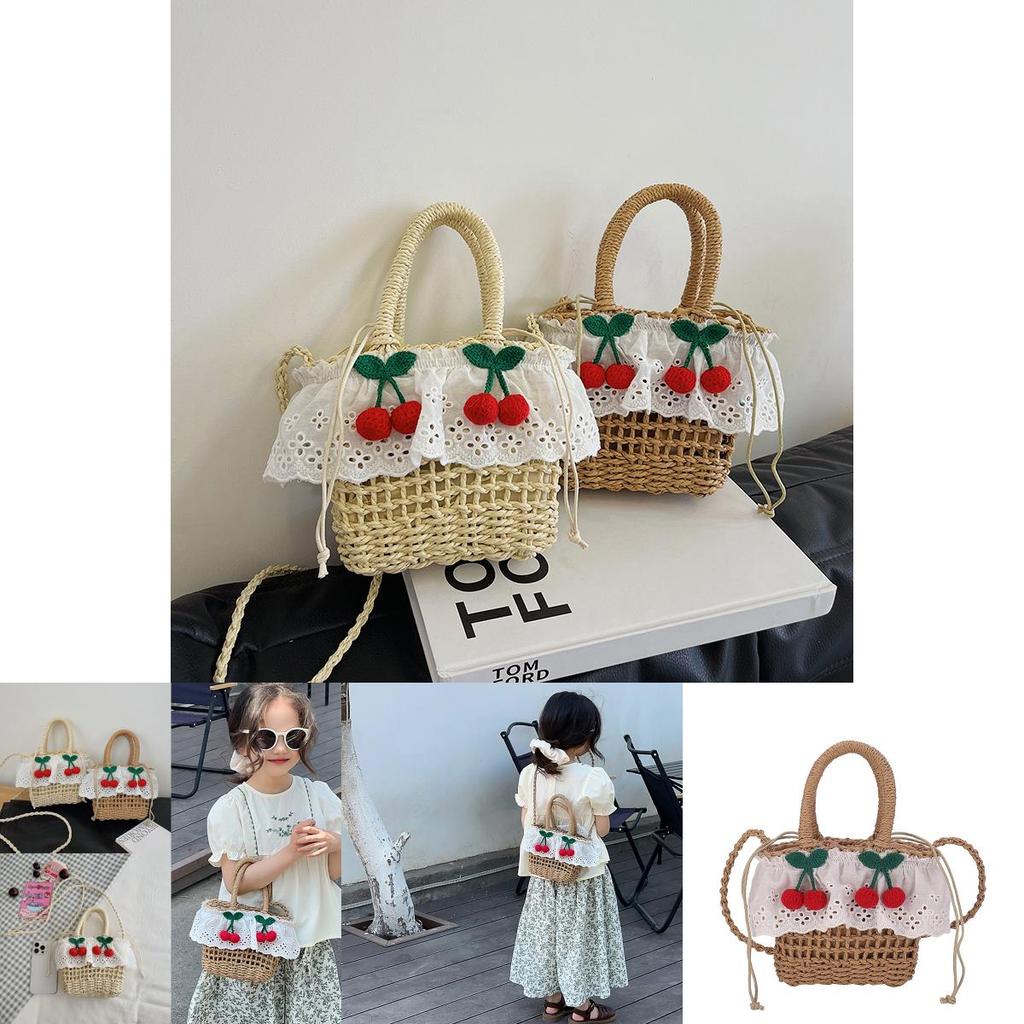 Childrens Straw Handheld Basket With Breathable Design For Summer Beach Play And Daily Use