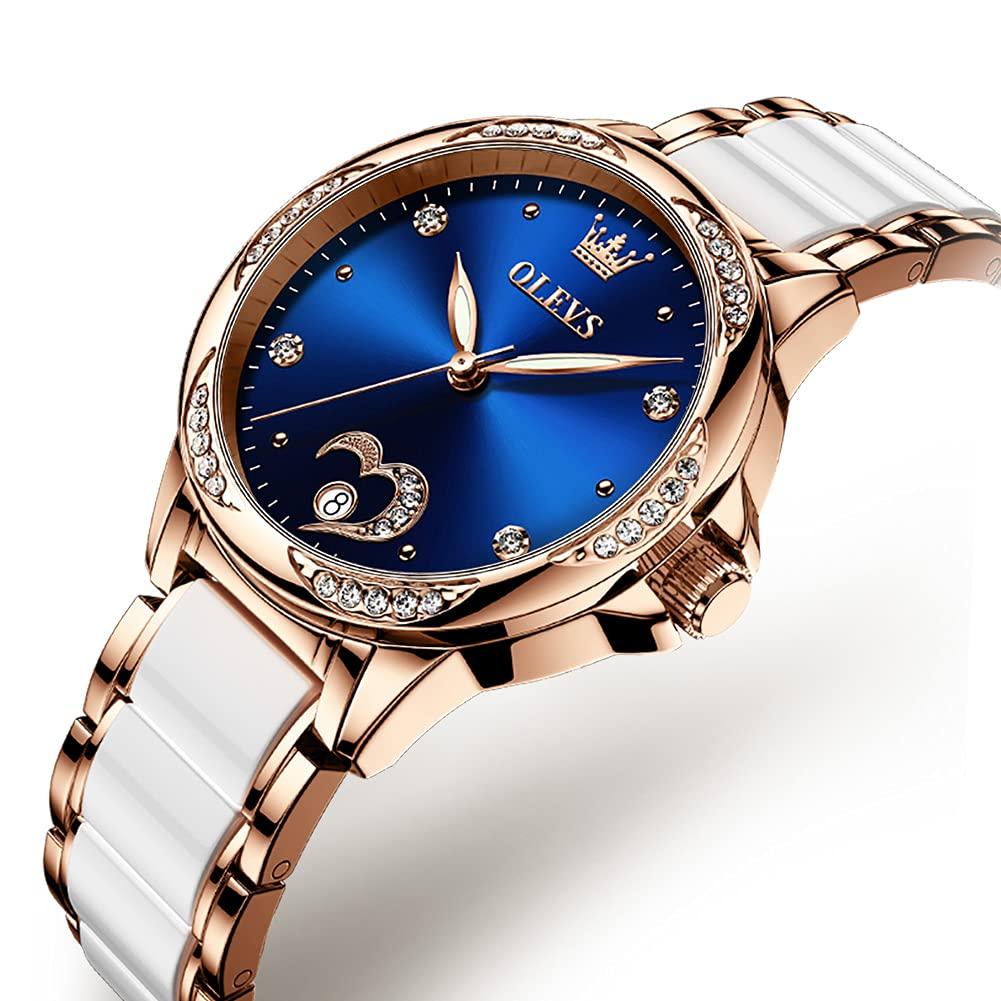 OLEVS Stylish Mechanical Wristwatch with Ceramic and Rose Gold Date Luminous Blue Women's Band, Crystals, Easy-to-Read Dial, Display, Waterproof,