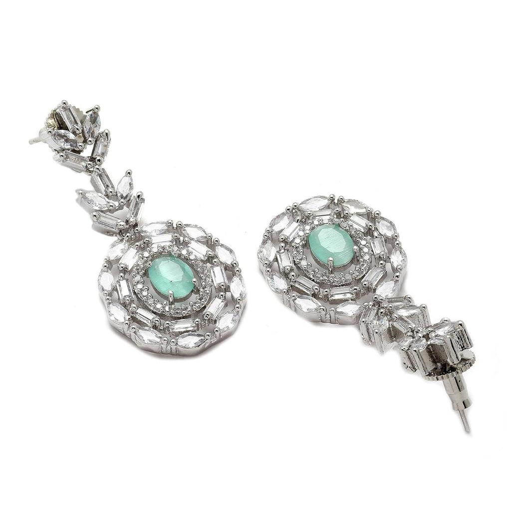 Rhodium-Plated Silver Toned Square & Circular Shaped American Diamond Studded Necklace with Earring Jewellery Set for Girls and Women