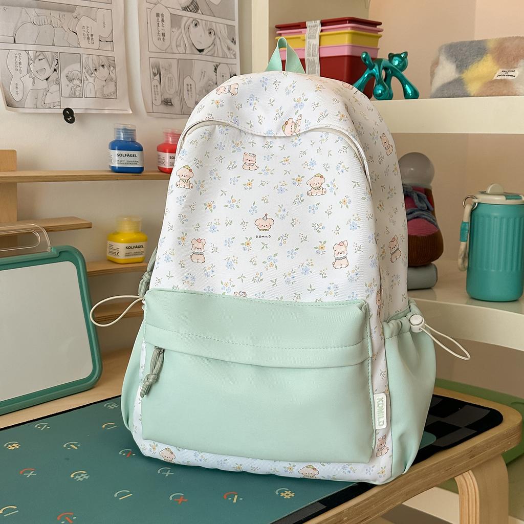 Schoolbag milky white fresh floral cute bear patchwork student backpack for students and healing style gentle bestie travel mini backpack