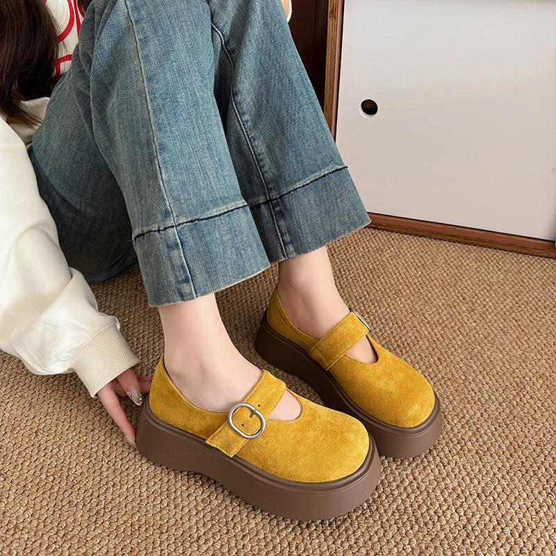 Round Head Brown Retro Platform Small Leather Shoes Women's 2025 New Spring and Autumn Skirt Heightening French Mary Jane Single Shoes