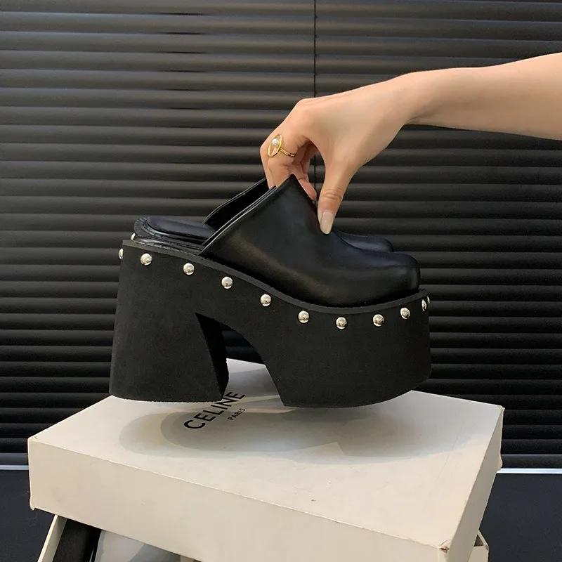 Fashion 11cm PU Leather Women Fashion High Heels Pumps Platform Wedge Summer Black Round Big Toe Ladies Sandals Big Size Slippers Shoes
