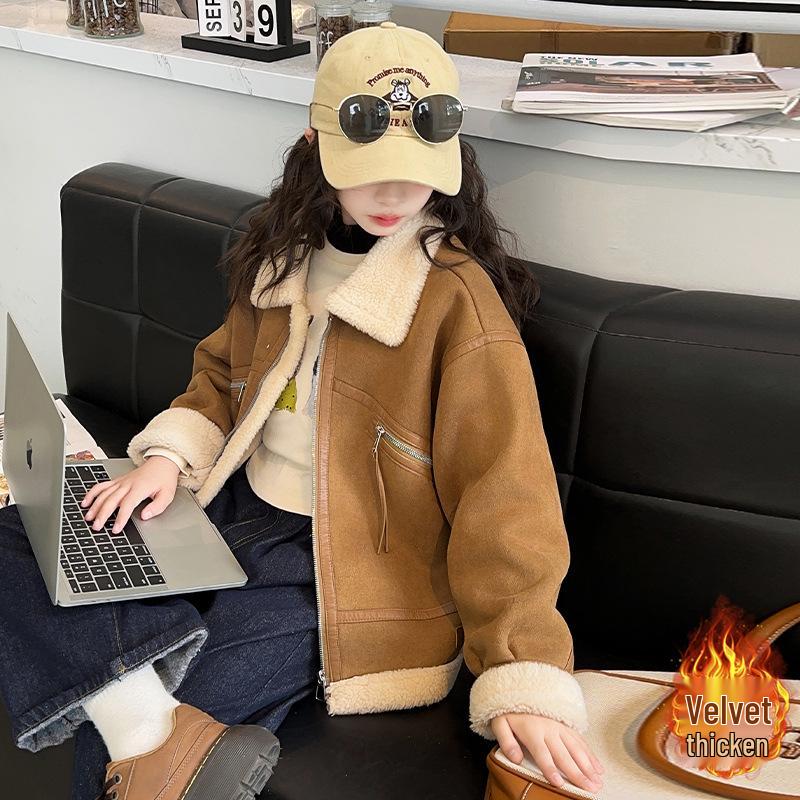 

Девичье ретро-пальто на флисовой подкладке - Стильное утолщенное цельное для осени/зимы 2025 170cm имбирный