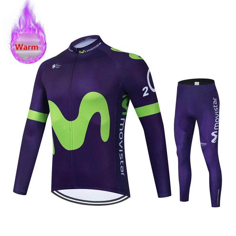 Movistar Racing Thermal Fleece Cycling Jersey Set Bicycle Bib Shorts Bike Clothing Ropa Maillot Ciclismo Hombre Bicicleta Kit