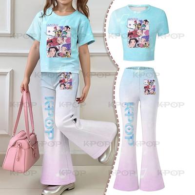 2026 Children's Short Sleeve Set for Girls Aged 4-12, Two Piece Set of Short Sleeve Top and Bell Bottom Pants, Kpop Hunter Girls' Group Printed Dress