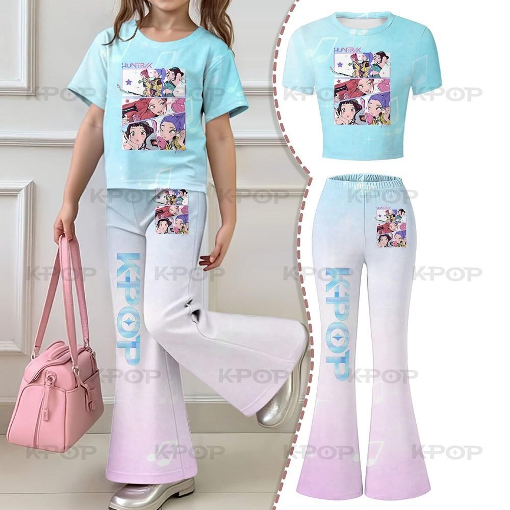 

Детский комплект с коротким рукавом 2026 года для девочек от 4 до 12 лет, Комплект из двух предметов: топ с коротким рукавом и расклешенные брюки, Платье с принтом K-pop группы Hunter Girls 120