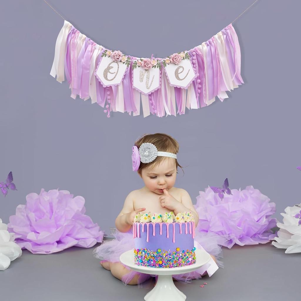 Baby Girl 1st birthday highchair banner -Purple Floral Garland, Purple And Pink First Birthday Decoration, Rose 1st Bday Banner, floral birthday