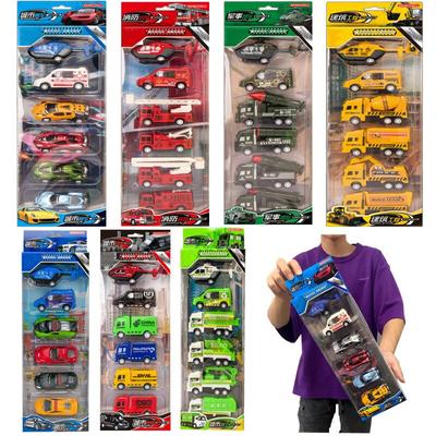 6Pcs Auto Modell Spielzeug Feuer Lkw Flugzeug Polizei Technik Modell für Jungen Weihnachten Geschenk Diecast 1/64 Voiture Zurückziehen auto Spielzeug