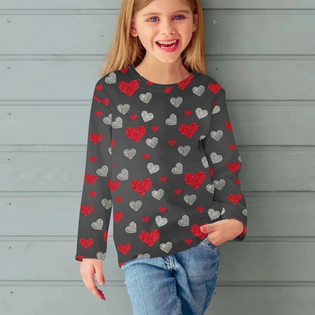 Fashion Children Casual Long Sleeved Letter Heart Pattern 3D Print Tops Funny Style Comfortable Round Neck Pullover Clothing