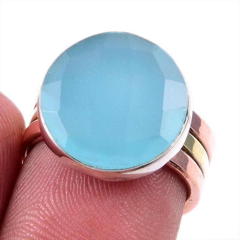 

Натуральный аква халцедон драгоценный камень 925 цельное серебро ювелирные изделия двухцветное кольцо 6US p9Q12